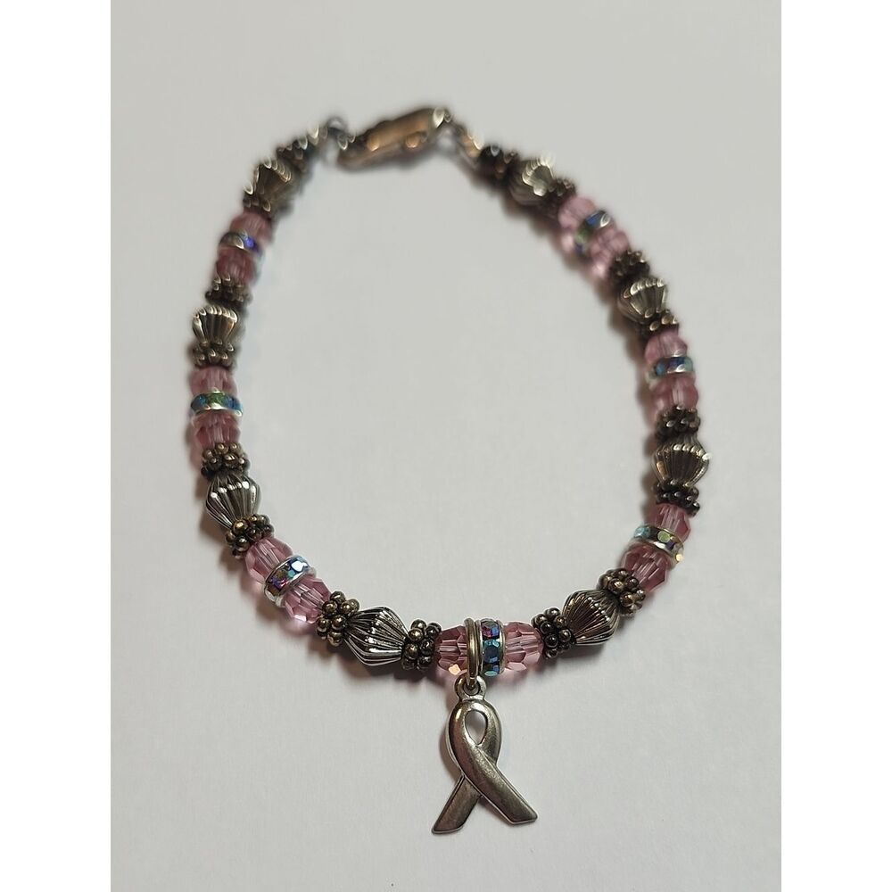 Sterling Silver Elements Pink Beaded Ribbon Charm Bracelet - Women Jewelry 7"